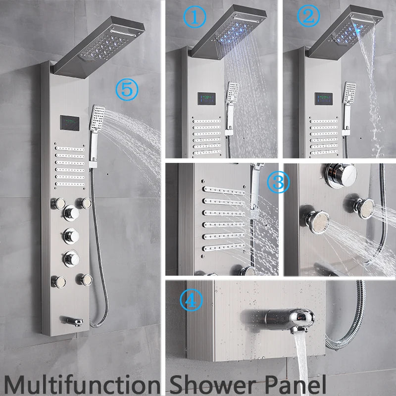 Brushed Nickel Bathroom Shower Column, Wall Mounted, LED Rainfall, Digital Screen, 6 Modes, Mixer Tap