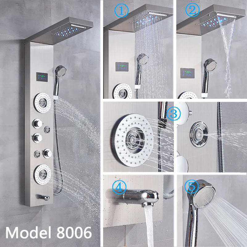 Brushed Nickel Bathroom Shower Column, Wall Mounted, LED Rainfall, Digital Screen, 6 Modes, Mixer Tap