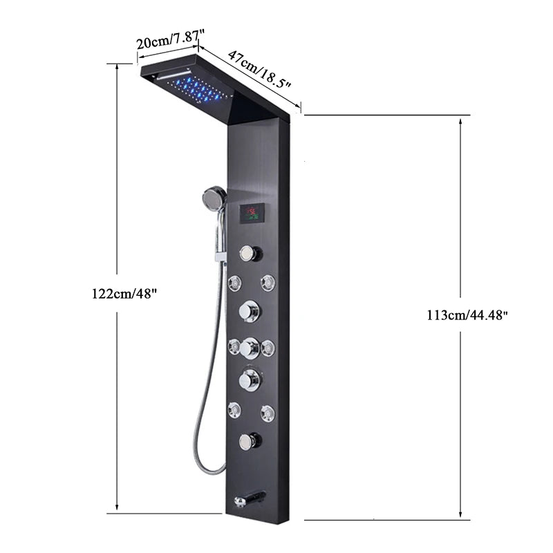 Brushed Nickel Bathroom Shower Column, Wall Mounted, LED Rainfall, Digital Screen, 6 Modes, Mixer Tap