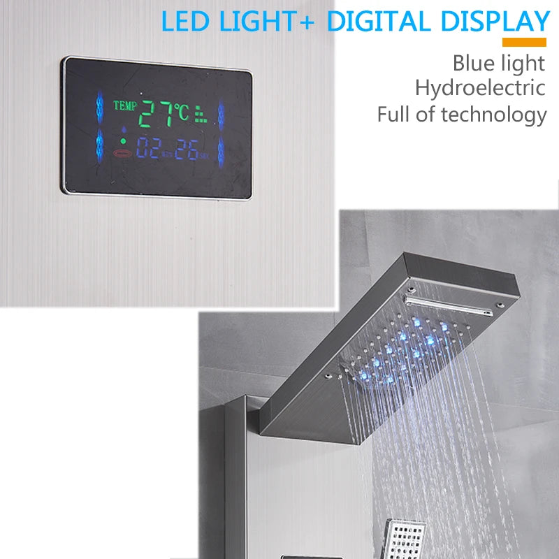 Brushed Nickel Bathroom Shower Column, Wall Mounted, LED Rainfall, Digital Screen, 6 Modes, Mixer Tap